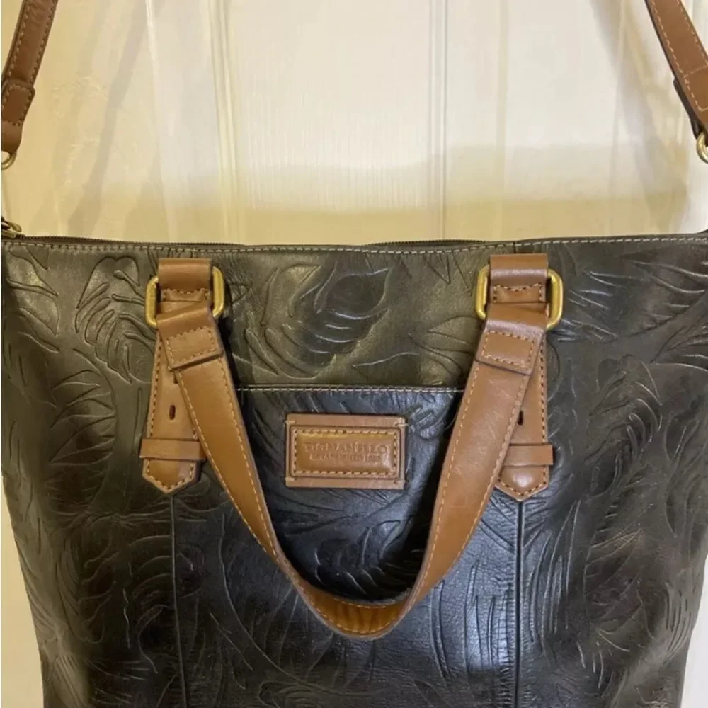 Tignanello Black Leather Brown Palm Leaf Embossed Hobo Purse Tote New No Tags